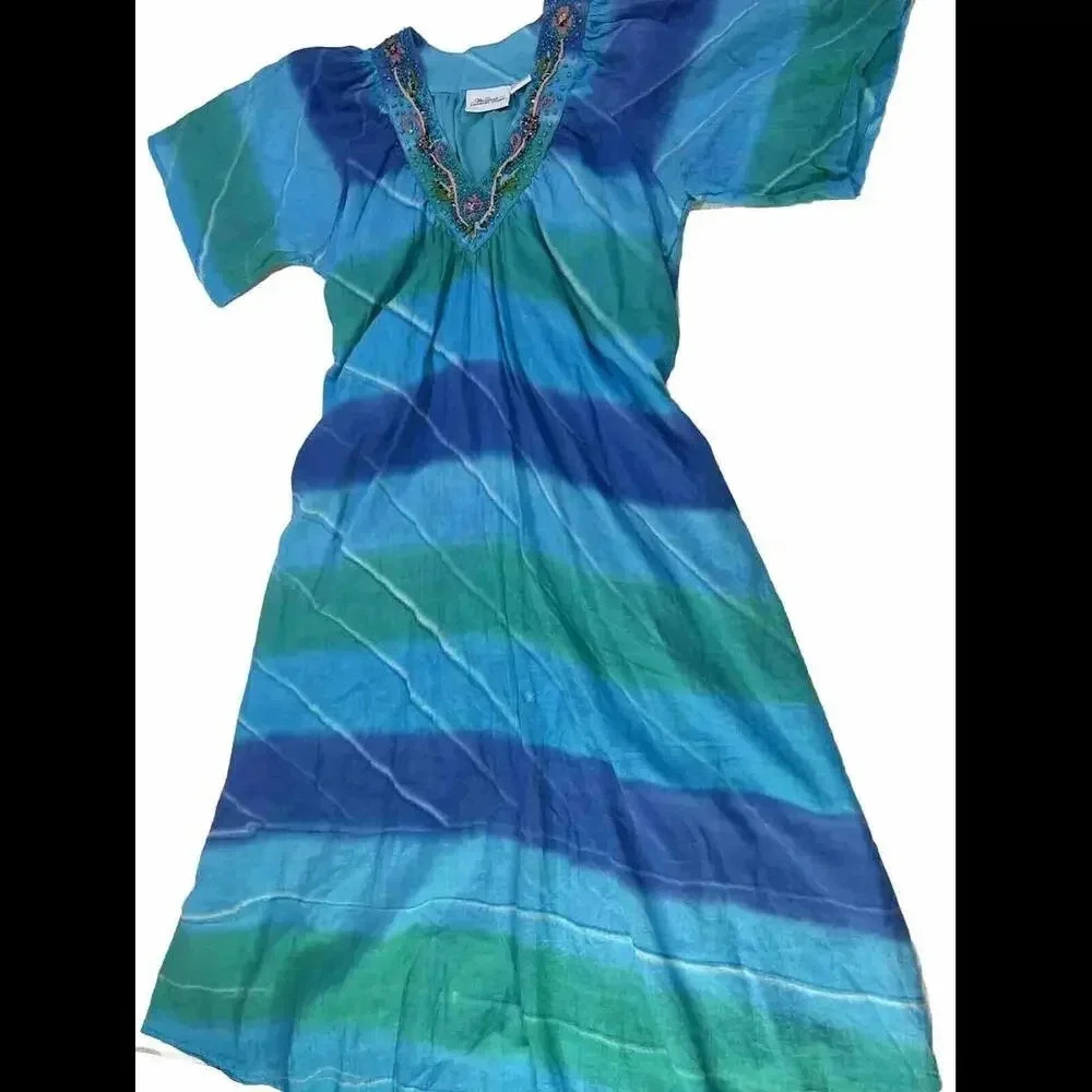 Vermont Country Store Colorful Boho MIDI Beaded‎ Embroidered Lined Gown Medium